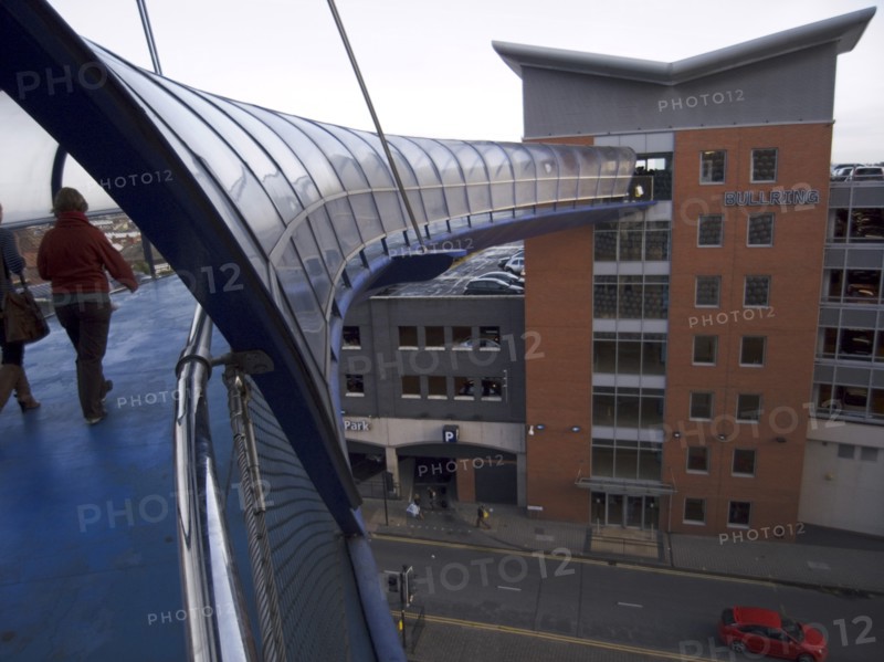 ENGLAND, West Midlands, Birmingham, "Elevated pedestrian walkway from Selfridges department store, in the Bullring centre, toward carpark."