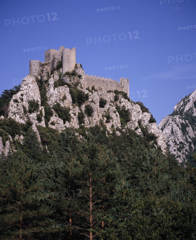 FRANCE, Languedoc-Roussillon, Aude, Chateau Puilarens.  Ruined medieval Cathar castle stronghold set high on limestone cliff showing keep.  With trees at foot of cliff in foreground.