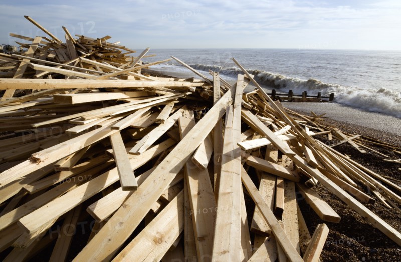 ENGLAND, West Sussex, Worthing, Timber wood planks washed up on the beach seafront from the wreckage of the Greek registered ship Ice Princess which sank off the Dorset coast on 15 January 2008