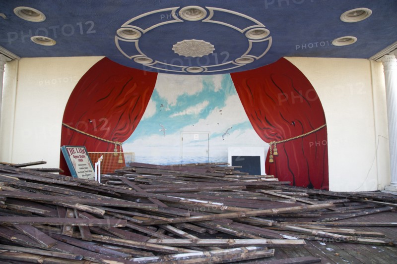 ENGLAND, West Sussex, Worthing, Piles of old decking in the bandstand the day that timber was washed up on the beach from the Greek registered Ice Princess which sank off the Dorset coast on 15th January 2008