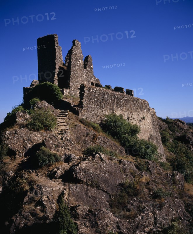 FRANCE, Languedoc-Roussillon, Aude, "Chateaux de Lastours, Cathar castles.  Chateau Surdespine (1153) on steep hillside."