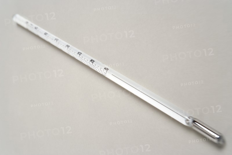 SCIENCE, Medical, Measurement, White mercury thermometer showing temperature scale and rising mercury level