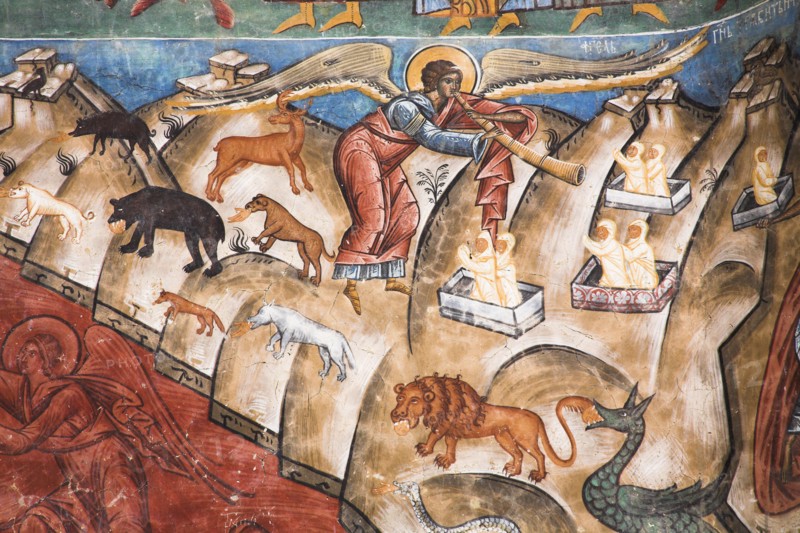 ROMANIA, Moldavia, Bucovina, "Part of Last Judgement fresco on wall, Voronet Monastery, near Gura Humorului"