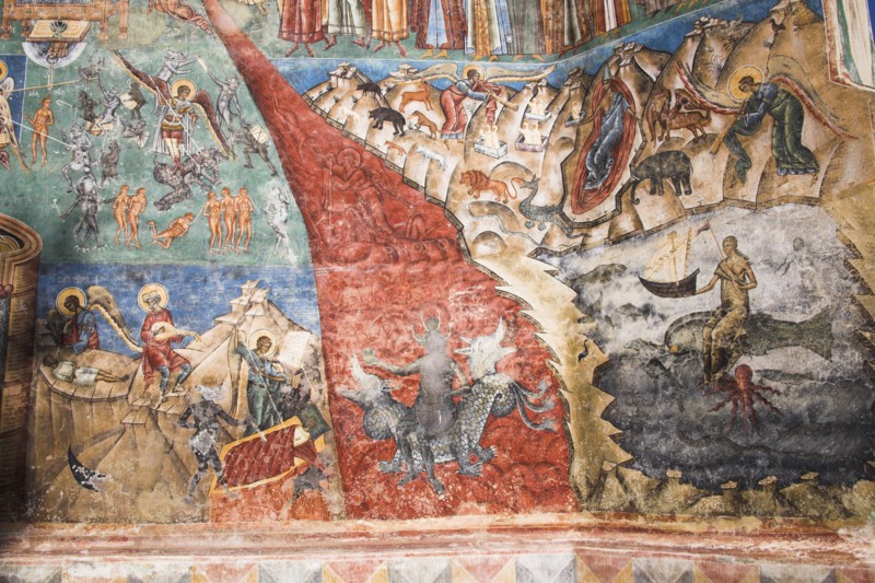 ROMANIA, Moldavia, Bucovina, "Part of Last Judgement fresco on wall, Voronet Monastery, near Gura Humorului"