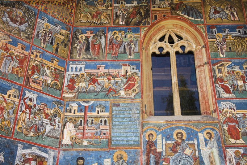ROMANIA, Moldavia, Bucovina, "Frescoes on outside south wall, Voronet Monastery, near Gura Humorului"