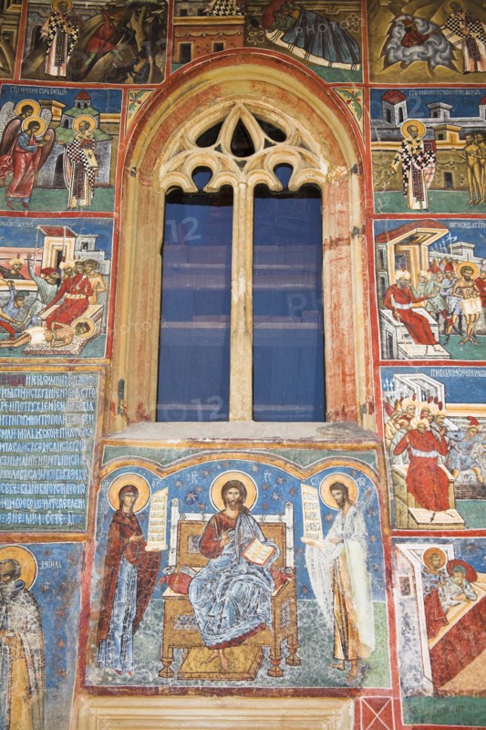 ROMANIA, Moldavia, Bucovina, "Frescoes on outside wall above entrance, Voronet Monastery, near Gura Humorului"