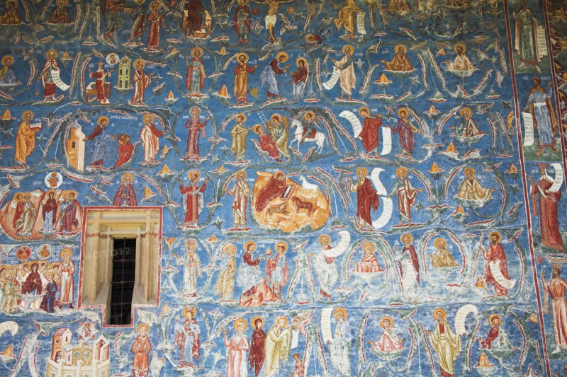 ROMANIA, Moldavia, Bucovina, "Frescoes on outside south wall, Voronet Monastery, near Gura Humorului"