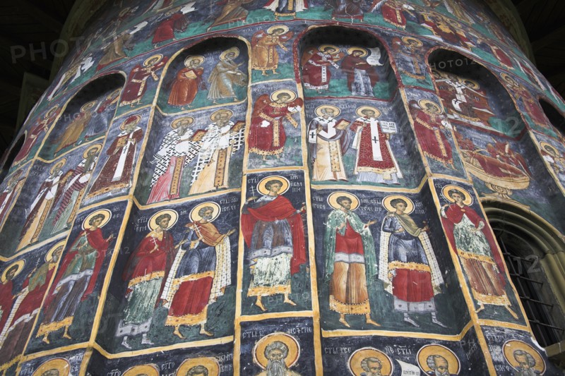 ROMANIA, Moldavia, Bucovina, "Several colourful frescoes on outside wall, Sucevita Monastery, Sucevita"