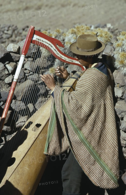 PERU, Music, Quechua Indian man playing traditional harp.