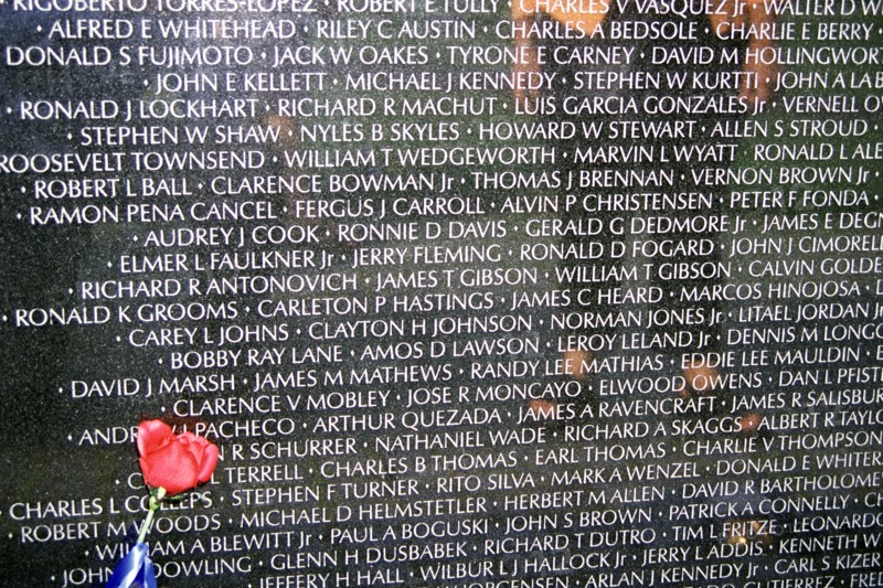 USA, Washington DC, "Inscriptions of deceased servicemen engraved on wall, Vietnam Veterans Memorial,"