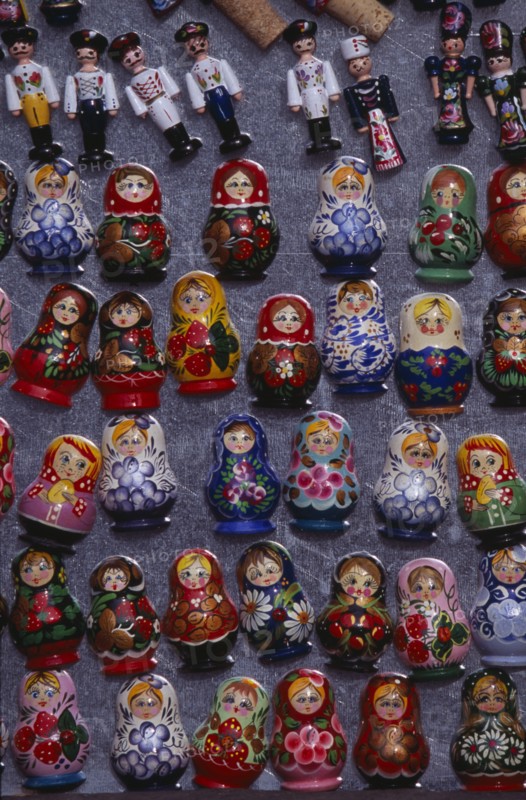 HUNGARY, Budapest, Colourful painted matryoshka dolls for sale in souvenir shop.