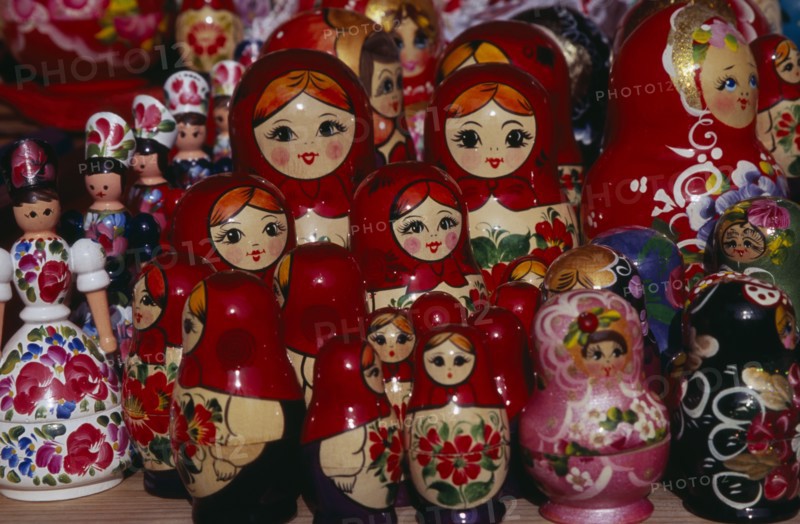 HUNGARY, Budapest, Colourful painted matryoshka dolls for sale in souvenir shop.