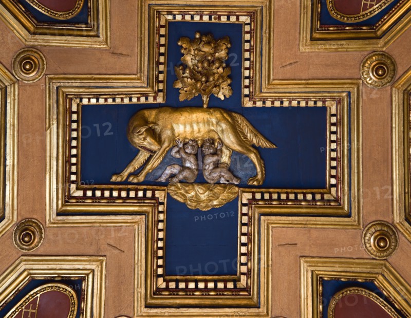 ITALY, Lazio, Rome, Capitoline Museum Palazzo dei Conservatori Ceiling caisson depicting Romulus and Remus feeding from the she wolf
