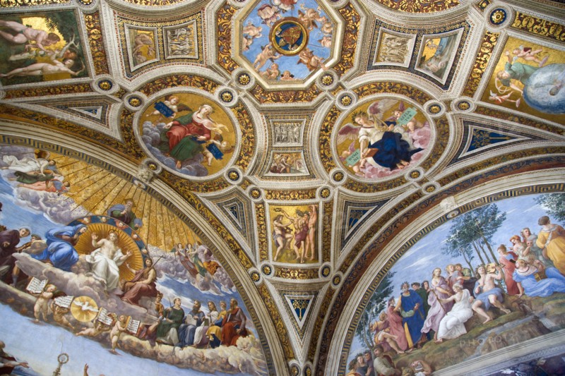 ITALY, Lazio, Rome, Vatican City Museums The Raphael Rooms in the private apartments of Pope Julius II The Room of the Signatura with the wall paintings of The Disputation of The Holy Sacrament on the left and the Parnassus on the right