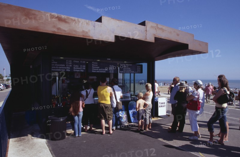 ENGLAND, West Sussex, Littlehampton, "People queuing at the East Beach Cafe, a seafront structure designed by Thomas Heatherwick"