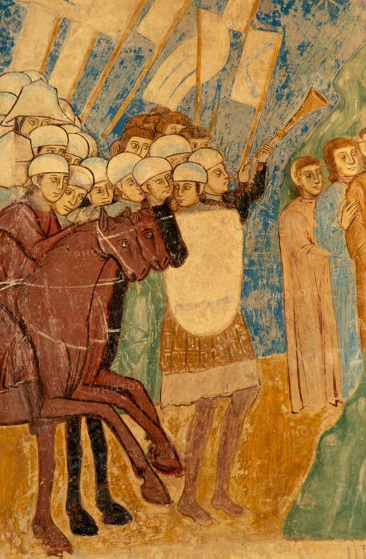 ITALY, Lombardy, Lake Maggiore, Angera.  Detail of seventeenth century fresco in Rocca di Angera medieval castle depicting battle scene.