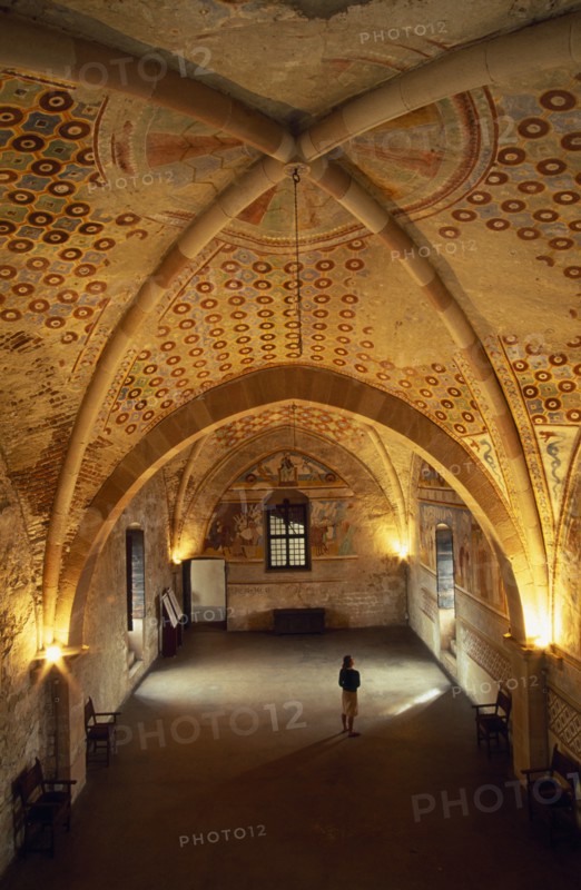 ITALY, Lombardy, Lake Maggiore, Angera.  Interior of reception hall in Rocca di Angera medieval castle with painted vaulted ceiling and fresco wall decoration.  Female visitor looking up at paintings.