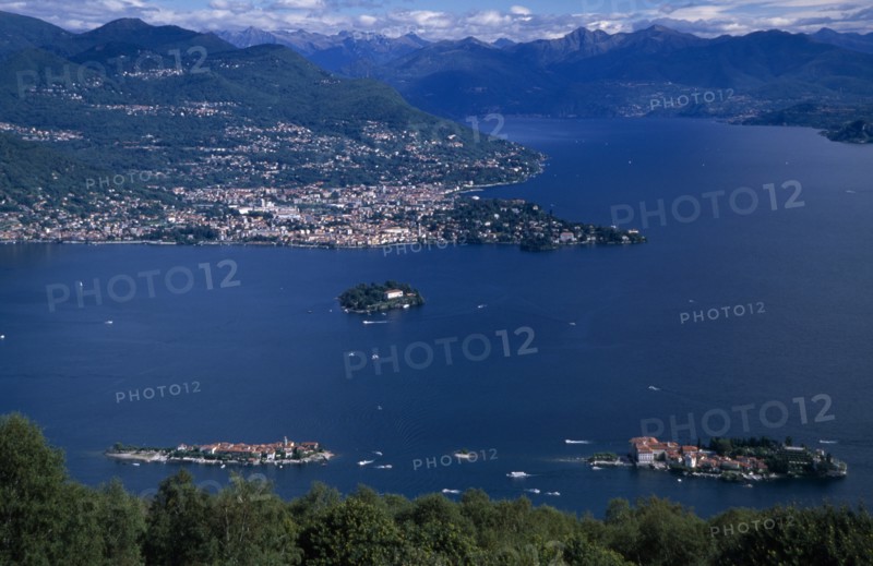 ITALY, Piedmont, Lake Maggiore, View across lake and the Borromeo Islands to distant mountains from Monte Mottarone.