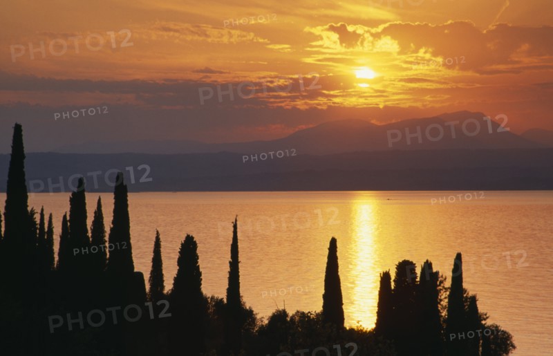 ITALY, Lombardy, Lake Garda , Sunset over Lake Garda from Punta San Vigilio with trees silhouetted against water reflecting orange sky.
