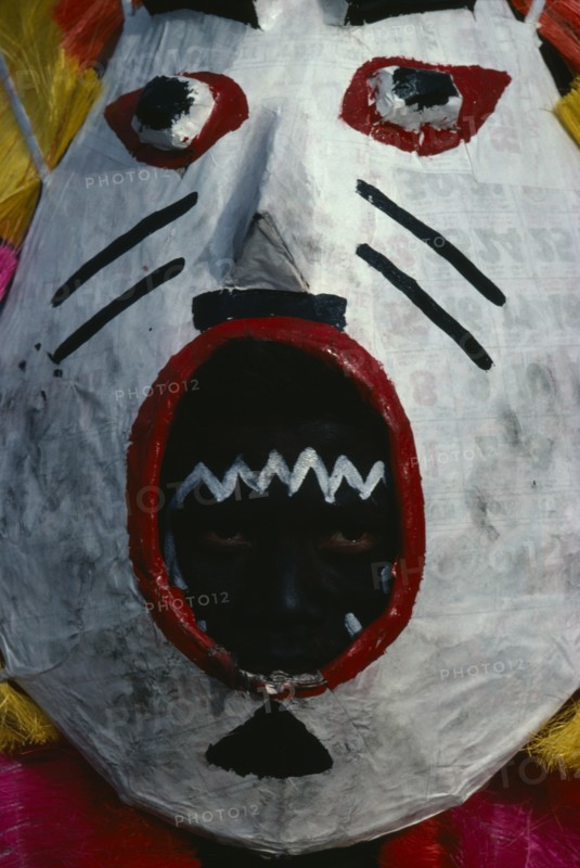 PHILIPPINES, Panay Island, Kalibo, Portrait of dancer looking out through mouthpiece of carnival mask during Ati-Atihan festival and feast in honour of Santo Nino (Holy Child).