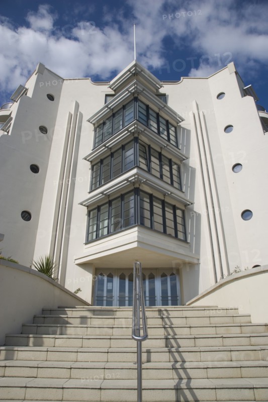 ENGLAND, West Sussex, Worthing, The Warnes modern apartment  development. Exterior view of steps leading to front entrance. The building overlooks the Steyne Gardnes and seafront promenade.