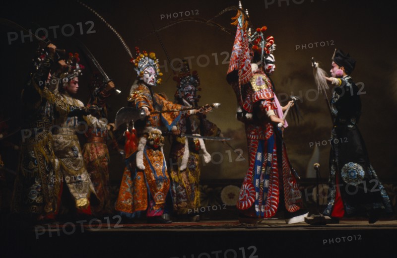 CHINA, Shanxi, Taiyuan, Performers in traditional Chinese opera banished during the Cultural Revolution.  This particular story has a military plot.