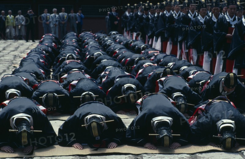 SOUTH KOREA, Seoul, Confucian rites at Chongmyo Shrine.  Confucianism teaches reverence for the past and submissiveness to authority.  Such rites are now only still enacted in Korea.