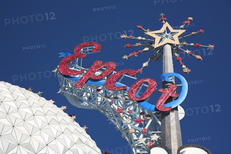 USA, Florida, Orlando, Walt Disney World Resort Epcot Center. Spaceship Earth with Epcot sign.