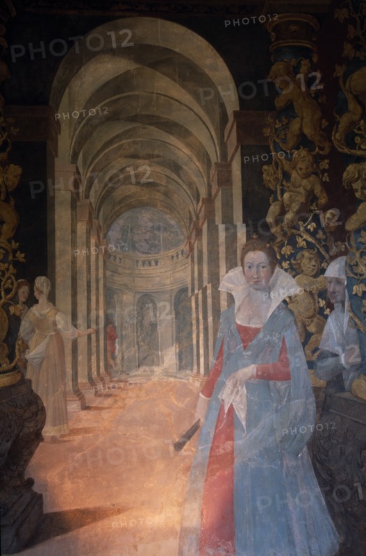 AUSTRIA, Salzburg, "Hellbrunn Palace dating from early 17th c.  Music room interior, detail of trompe l’oeil wall painting creating illusion of vaulted hallway with female figures.  "