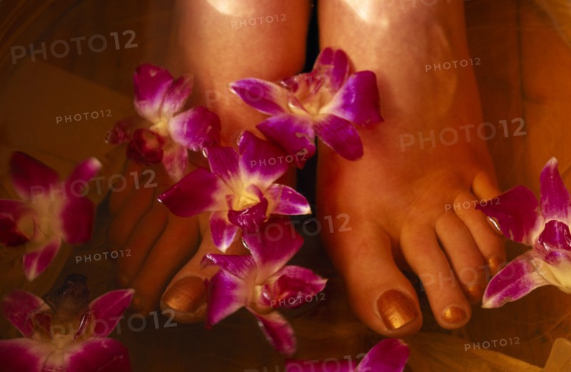 CHINA, Beijing, Bodhi Theraputic Retreat.  Close cropped shot of feet soaking in water scattered with orchid flowers.