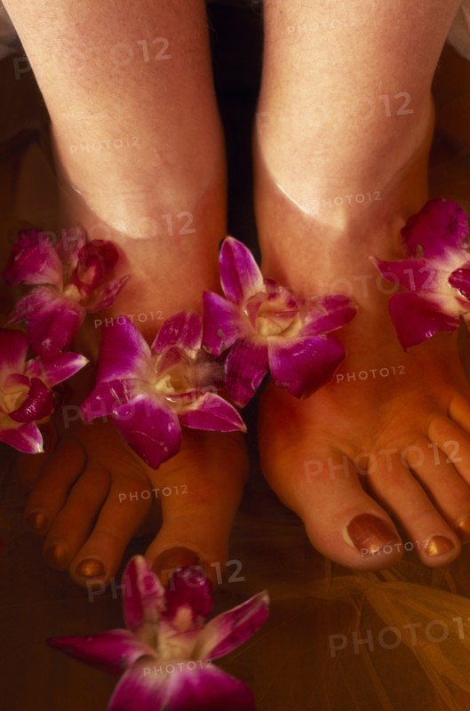 CHINA, Beijing, Bodhi Theraputic Retreat.  Close cropped shot of feet soaking in water scattered with orchid flowers.