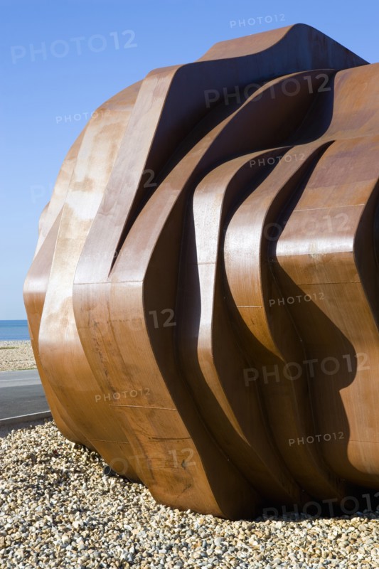 ENGLAND, West Sussex, Littlehampton, The rusted metal structure of the fish and seafood restaurant the East Beach Cafe designed by Thomas Heatherwick on the promenade