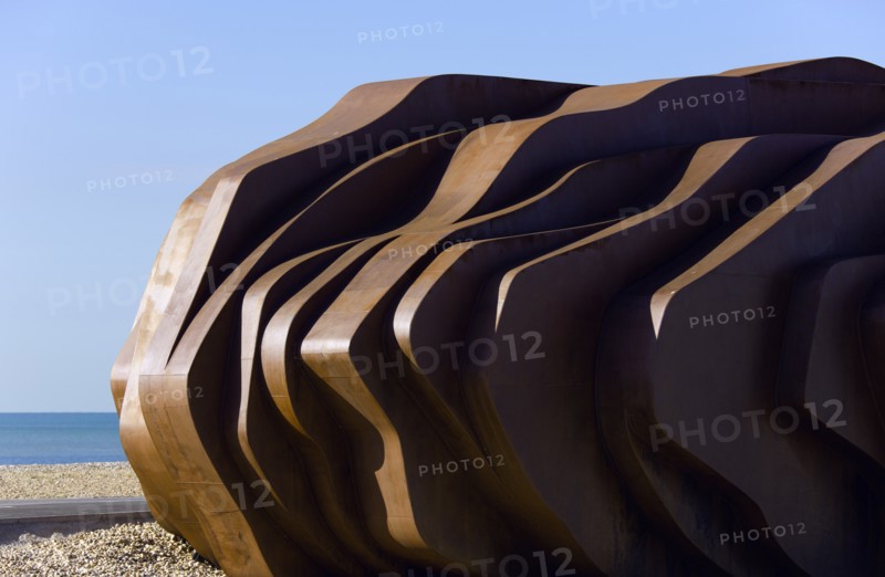 ENGLAND, West Sussex, Littlehampton, The rusted metal structure of the fish and seafood restaurant the East Beach Cafe designed by Thomas Heatherwick on the promenade