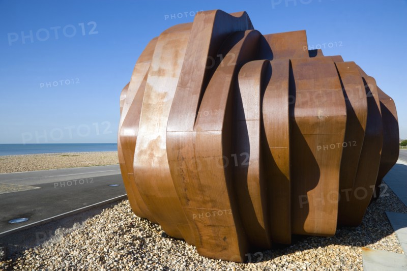 ENGLAND, West Sussex, Littlehampton, The rusted metal structure of the fish and seafood restaurant the East Beach Cafe designed by Thomas Heatherwick on the promenade