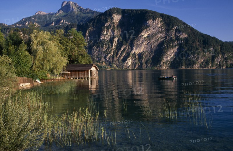 AUSTRIA, Oberosterreich, Mondsee, "Small motor boat approaching boat house on shore of Monsee Lake with mountain backdrop reflected in rippled surface, reeds and willow trees."