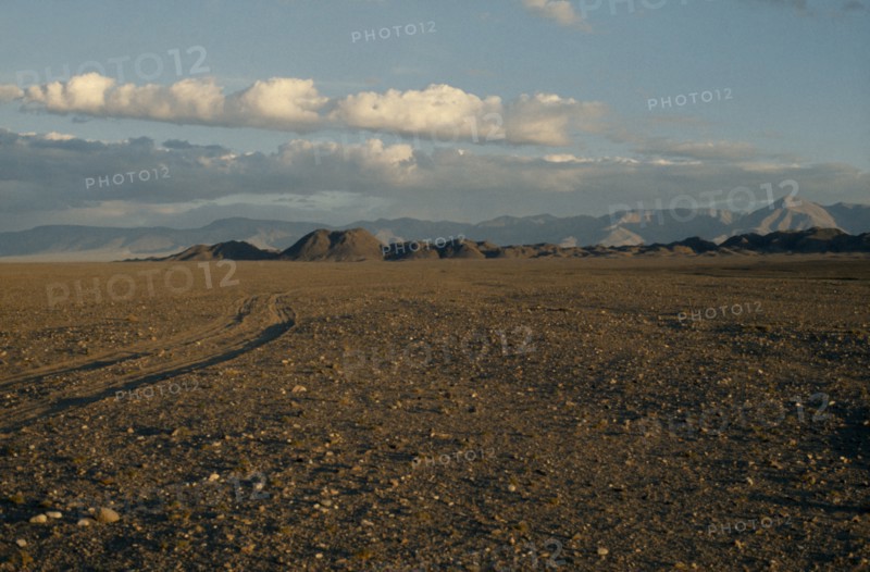 MONGOLIA, Gobi Desert, Summer landscape on the edge of the Gobi desert with vehicle tracks through expanse of barren stony ground and distant Altai mountains. East Asia Asian Mongol Uls Mongolian Scenic