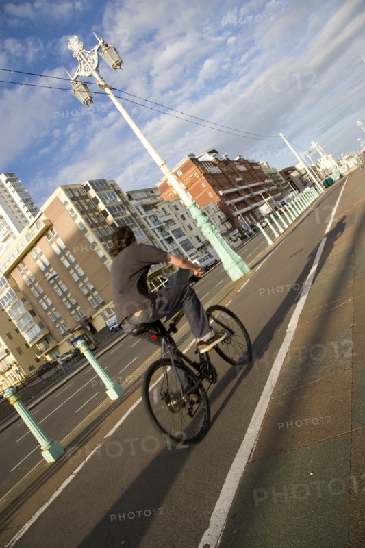 ENGLAND, East Sussex, Brighton, Cyclist on the prommenade cycle lane.