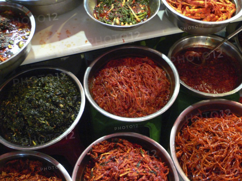 KOREA, South, Seoul, "Namdaemun - Namdaemun market, stainless steel bowls full of kimchi for sale"