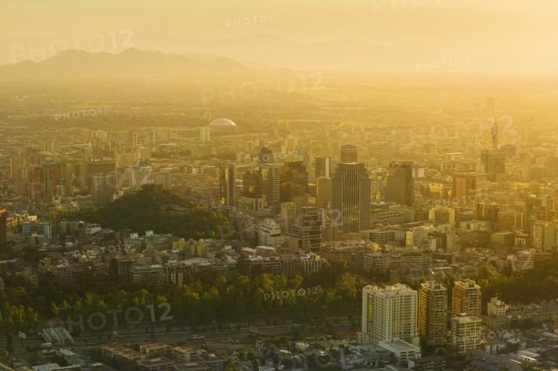 CHILE, Santiago, City view at sunset from Cerro San Cristobal. Jon Hicks.