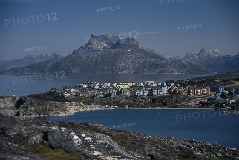 GREENLAND, Nuuk, Town houses in rocky landscape looking north across Lake Vandso.