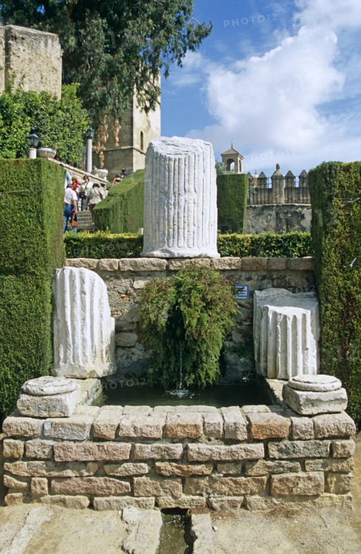 SPAIN, Andalucia, Cordoba, "Fortress of the Christian Kings, Fountain in the gardens of Alcazar de los Reyes Cristianos."