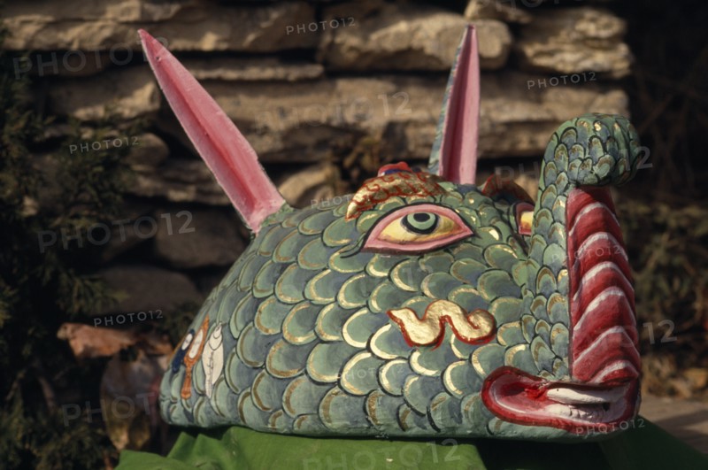 NEPAL, Annapurna Region, Larjung, Circuit Trek. Decorative painted animal totem representing The God of the Tulachan clan of the Thakalis during the Lha Phewa Festival