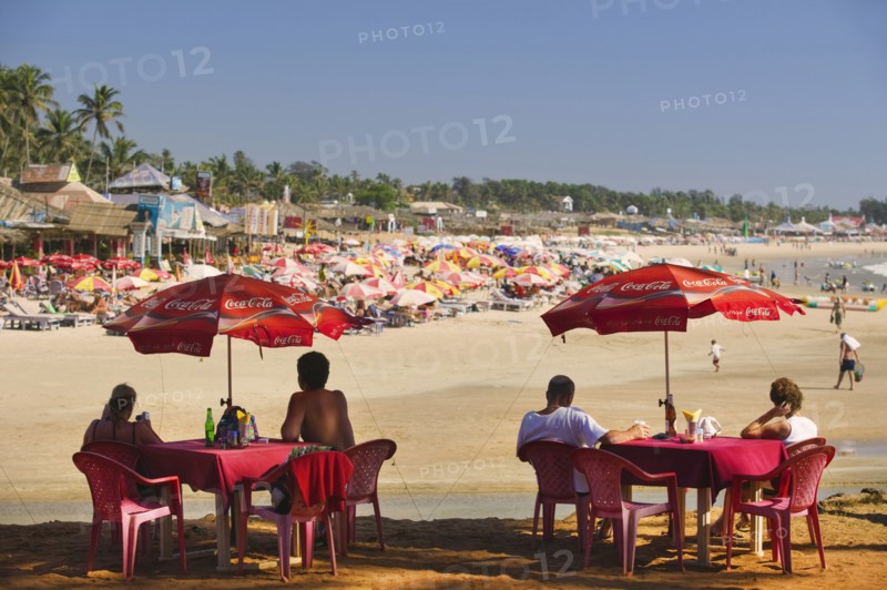 INDIA, Goa, Baga , Cafe tables overlooking Baga Beach