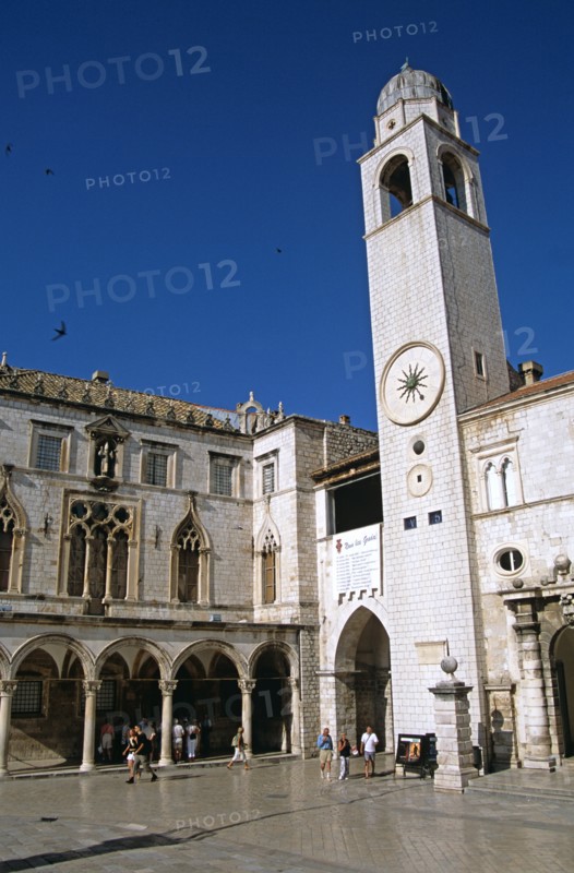 CROATIA, Dalmatian Coast, Dubrovnik, "Bell tower and Sponza Palace, Luza Square, Stradun. Former Yugoslavia"