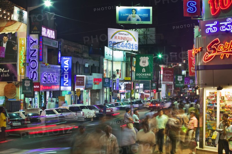 INDIA, Karnataka, Bangalore, "Brigade Road at night, retail and entertainment centre for Bangalore's well heeled."