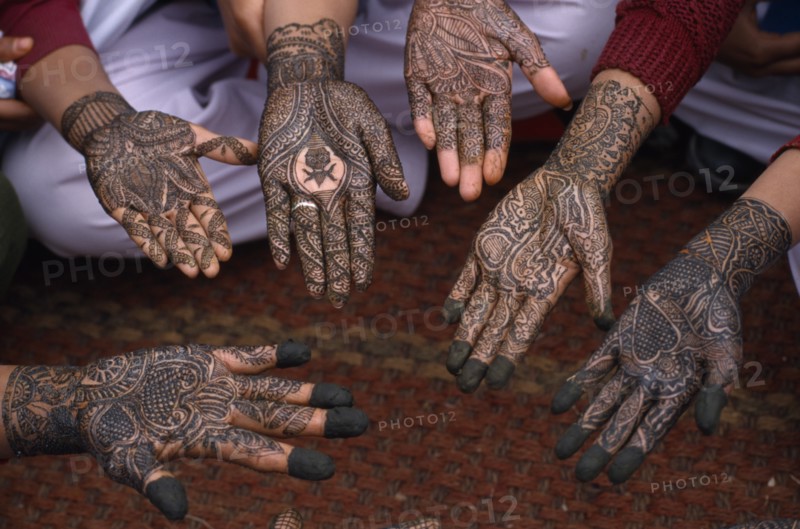 INDIA, Rajasthan, Nawalgarh, Detail of a group of hands with various henna designs in the Mehndi competition at the Shekhawati Festival