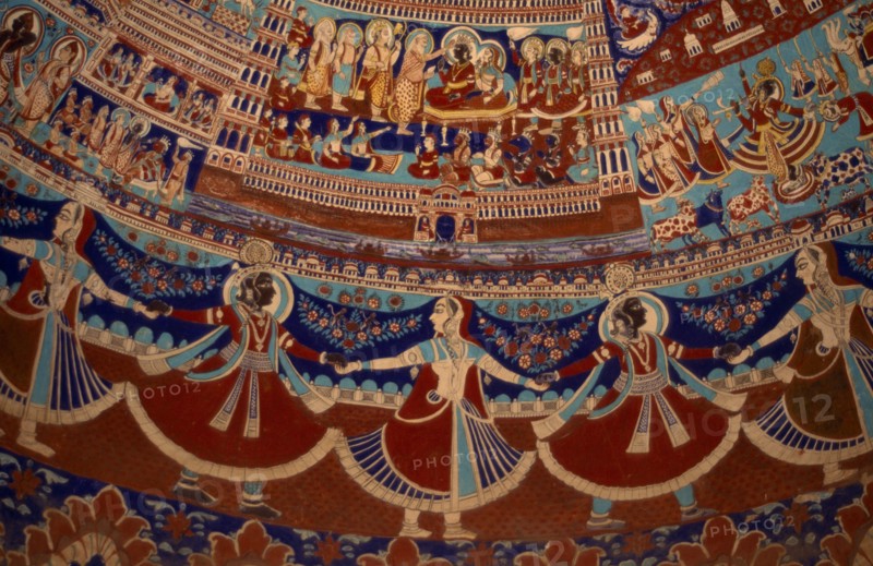 INDIA, Rajasthan, Ramgarh, Detail of the paintings on the dome of the Ram Gopal Poddar Chhatri