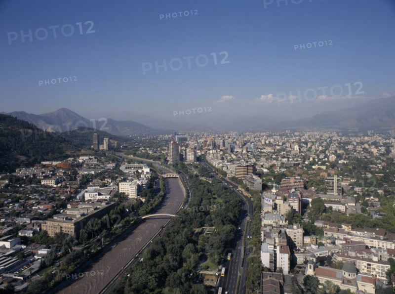 CHILE, Metropolitana de Santiago, Santiago, View across New Town including Providencia area towards the Andes from the CTC Tower.