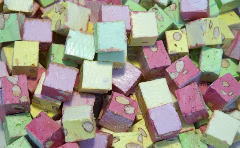 FOOD, Confectionery, Sweets, Mullti coloured nougat for sale in a market in Shoreham-by-Sea.