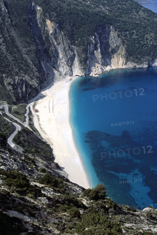 GREECE, Ionian Islands, Kefalonia, "Myrtos (Mirtos) Beach, from cliff top."